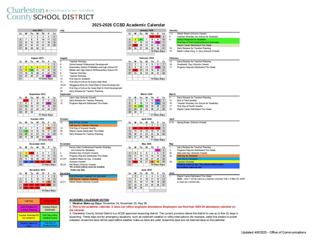 Charleston County School District Calendar 2025-2026
