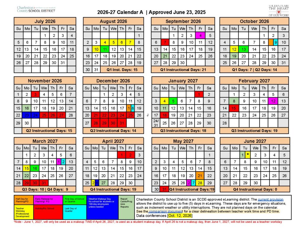 Charleston County School District Calendar 2026-2027