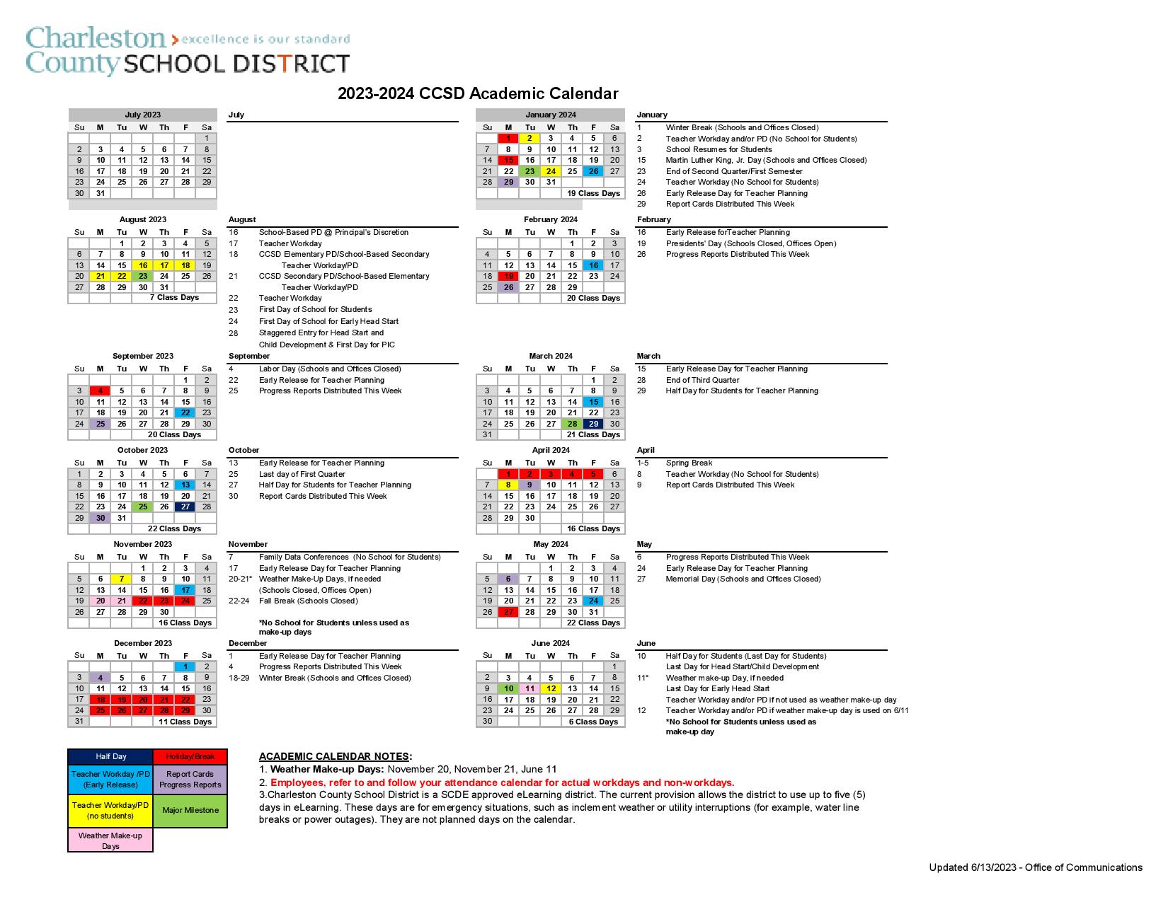 Charleston County School District Calendar 20232024 in PDF