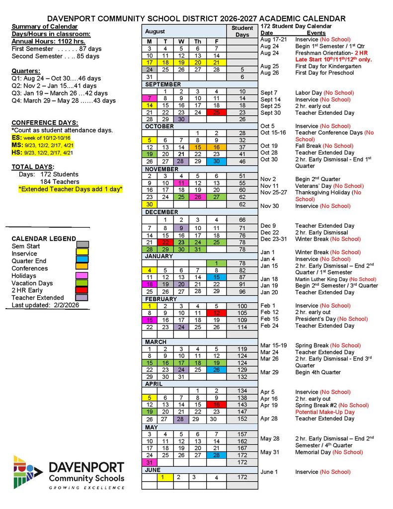 Davenport Community School District Calendar 2026-2027