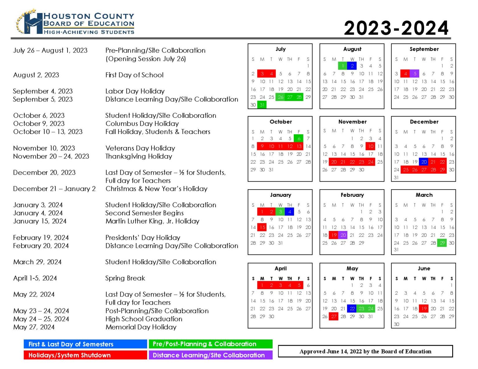 Houston County Schools Calendar 20232024 in PDF