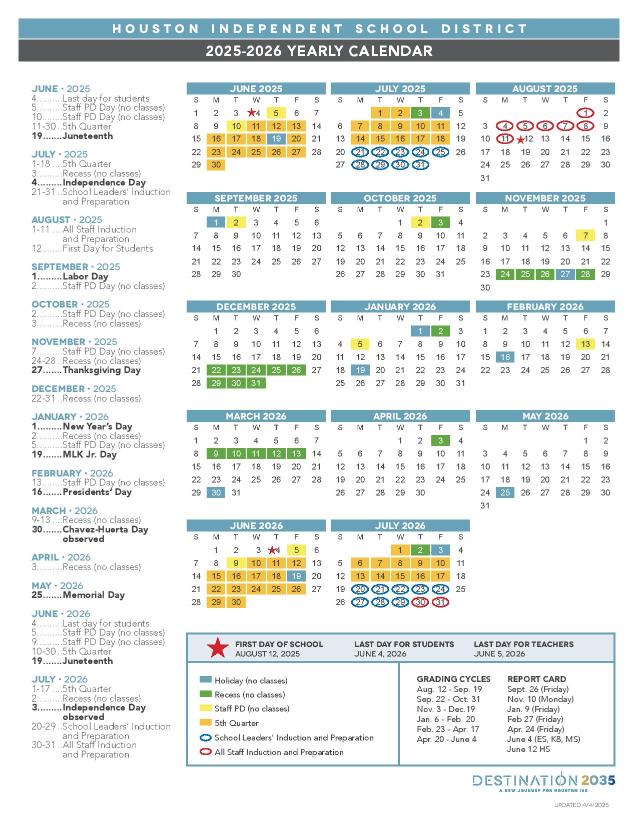 Houston Independent School District Calendar 20252026 PDF