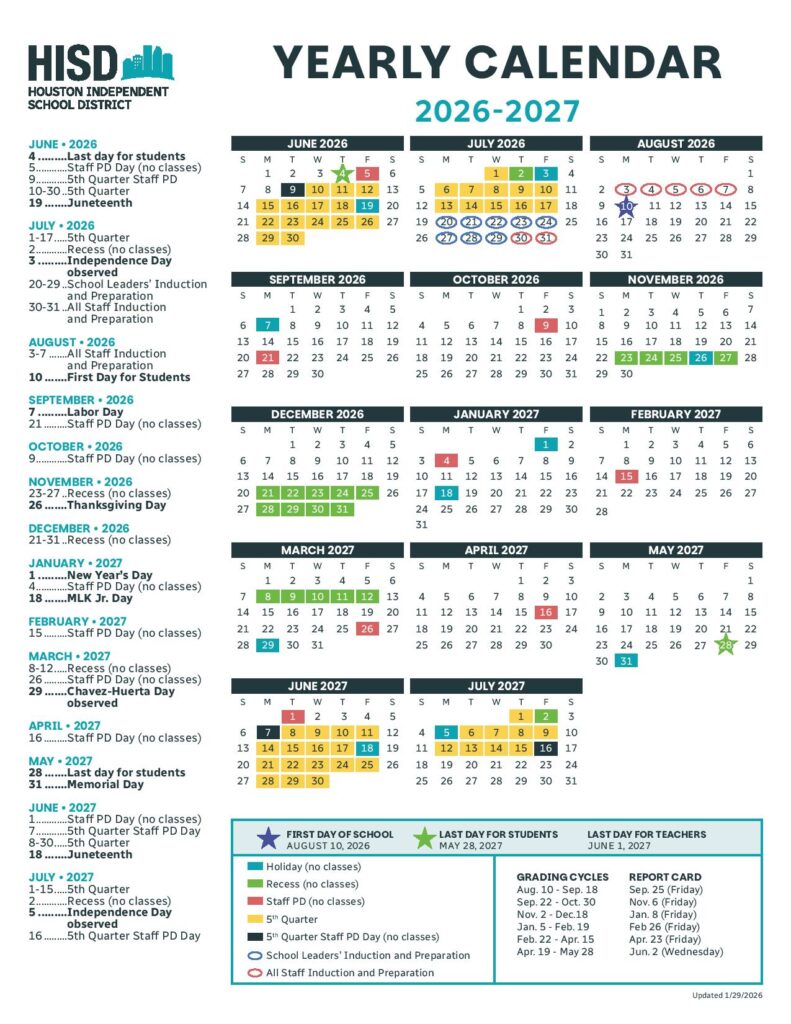 Houston Independent School District Calendar 2026-2027
