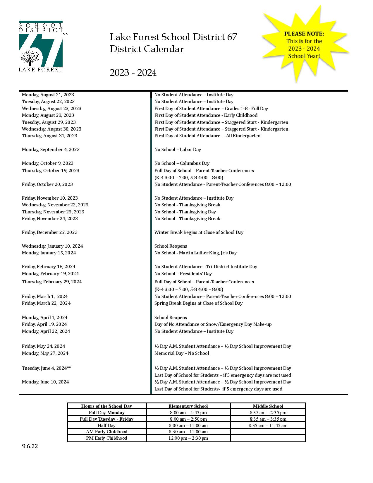 Lake Forest School District 67 Calendar 20232024 in PDF