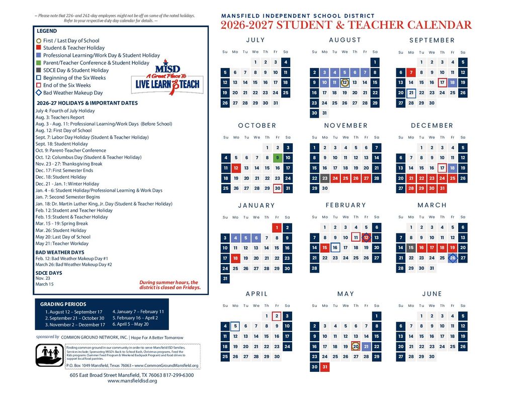 Mansfield Independent School District Calendar 2026-2027