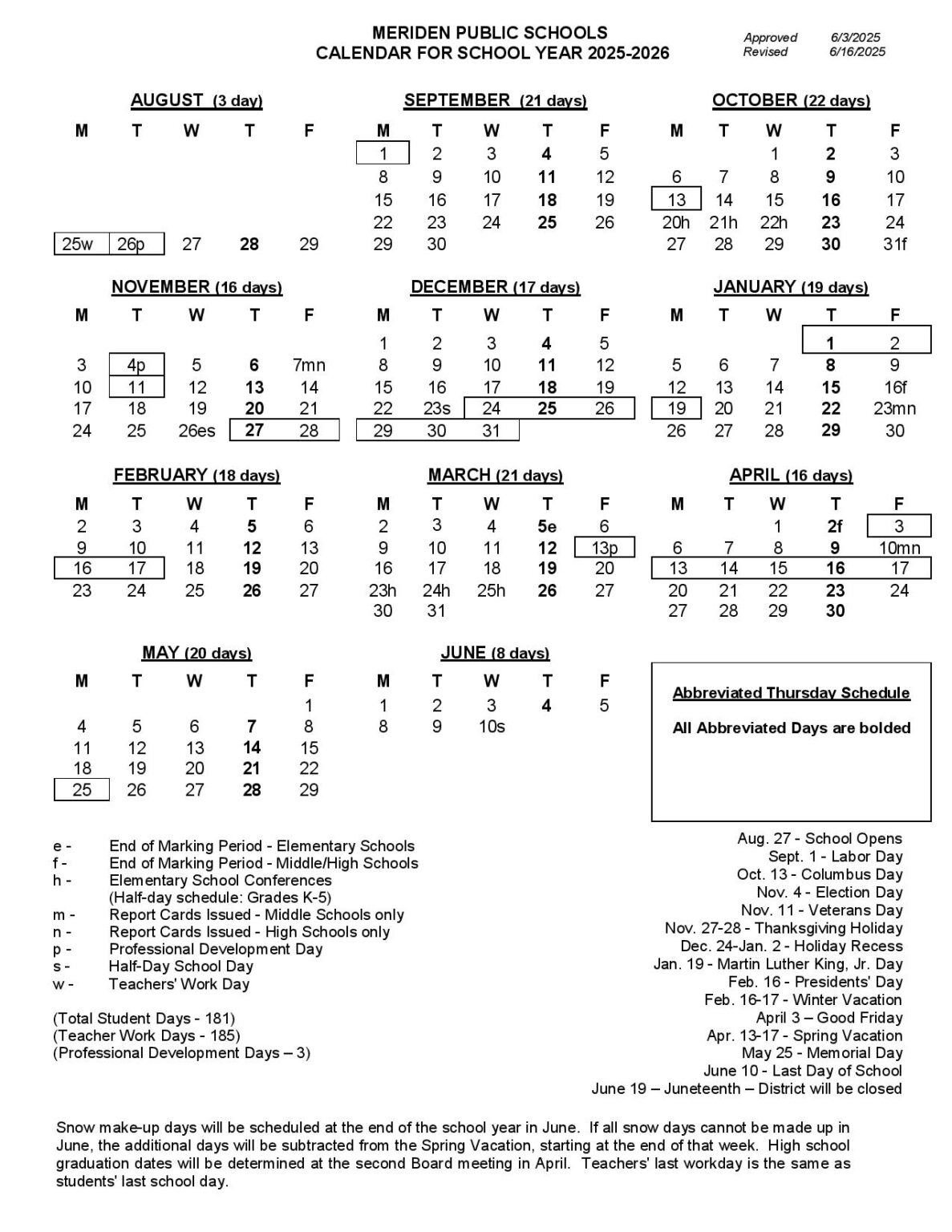 Meriden Public Schools Calendar 2025 2026 in PDF