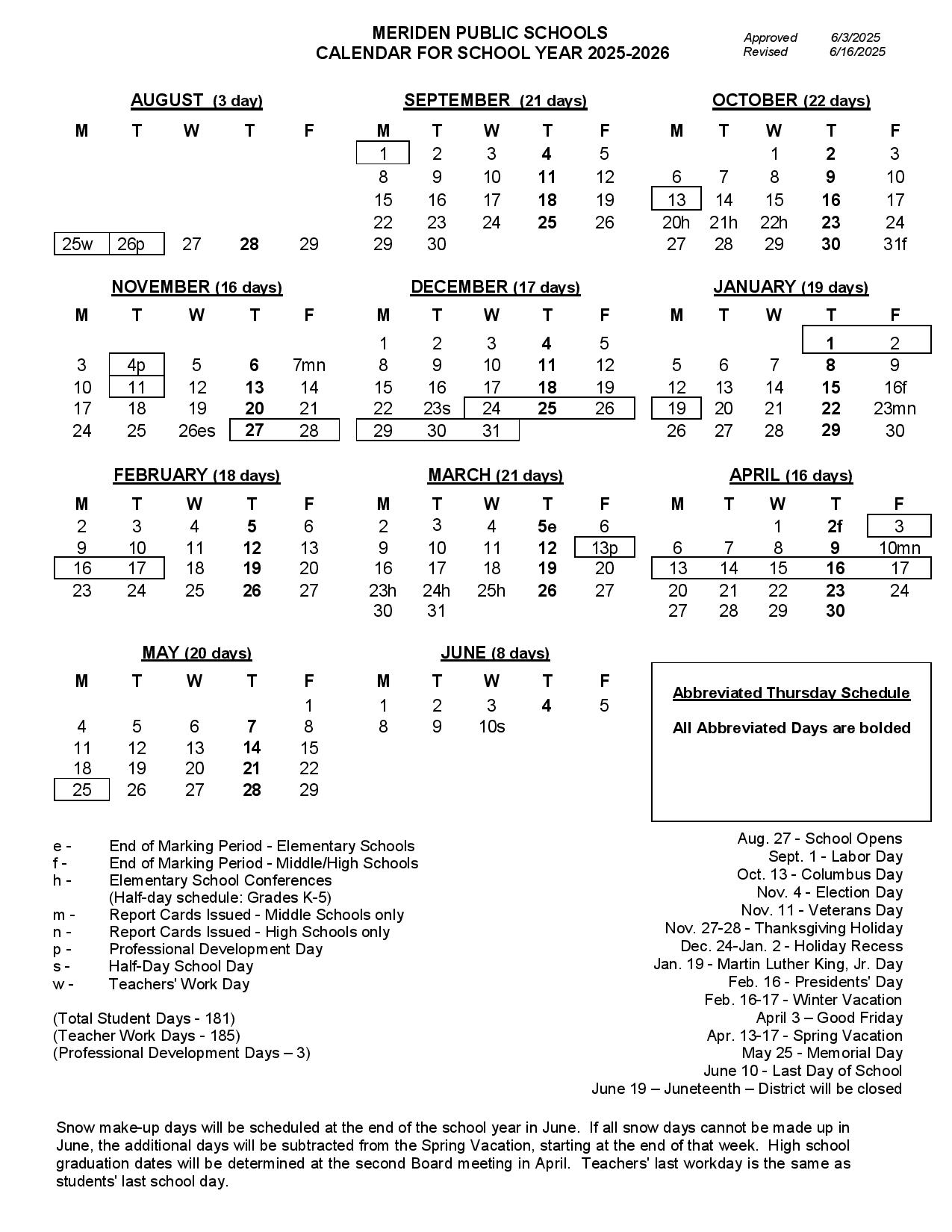 Meriden Public Schools Calendar 2025 2026 in PDF