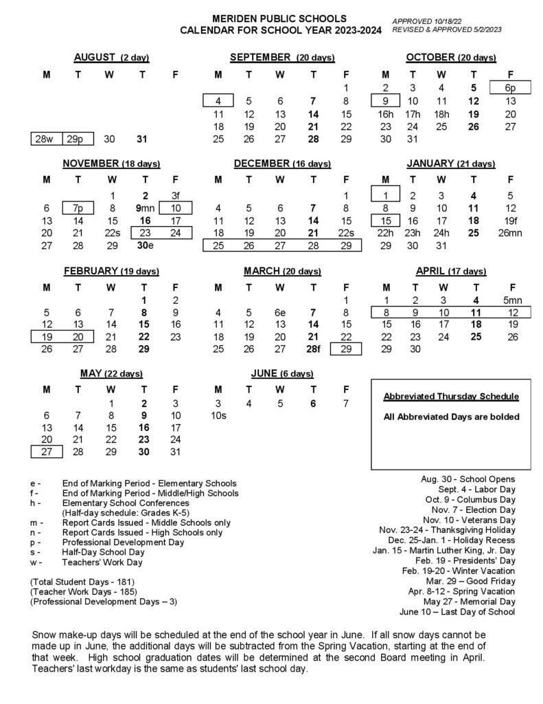 Meriden Public Schools Calendar