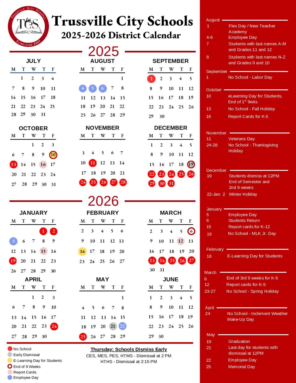 Trussville City Schools Calendar 2025 2026 (Holiday Breaks)