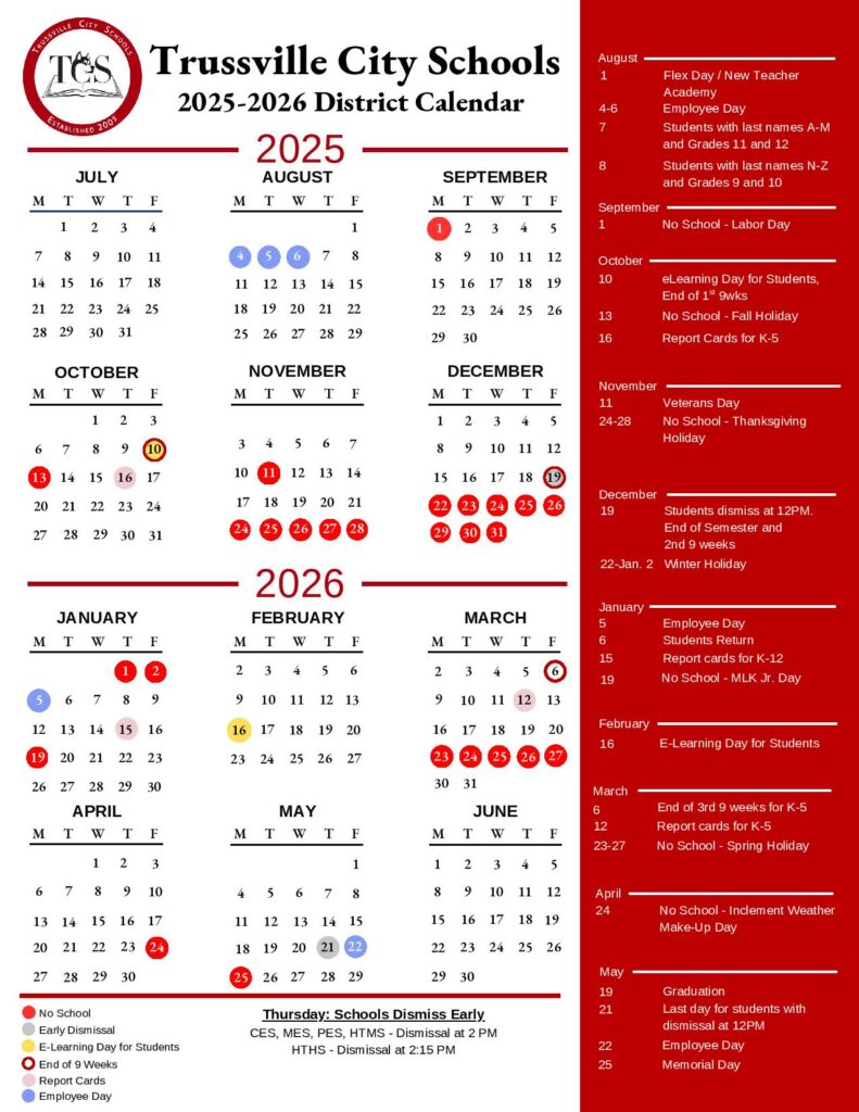 Trussville City Schools Calendar 2025-2026
