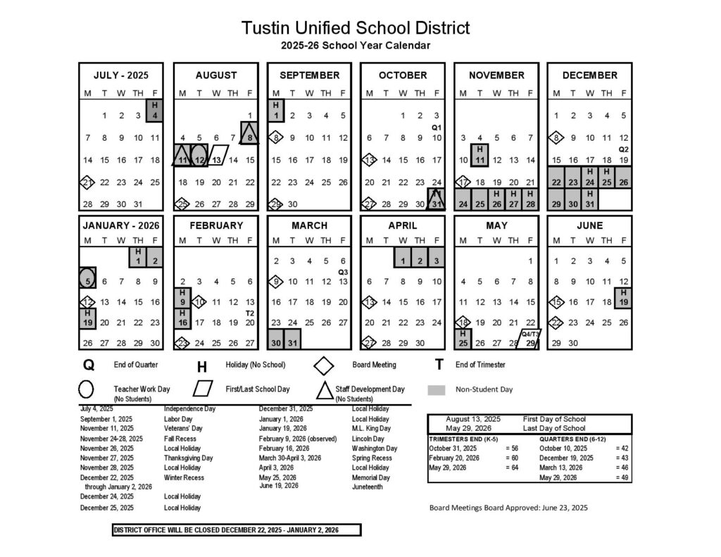Tustin Unified School District Calendar 2025-2026