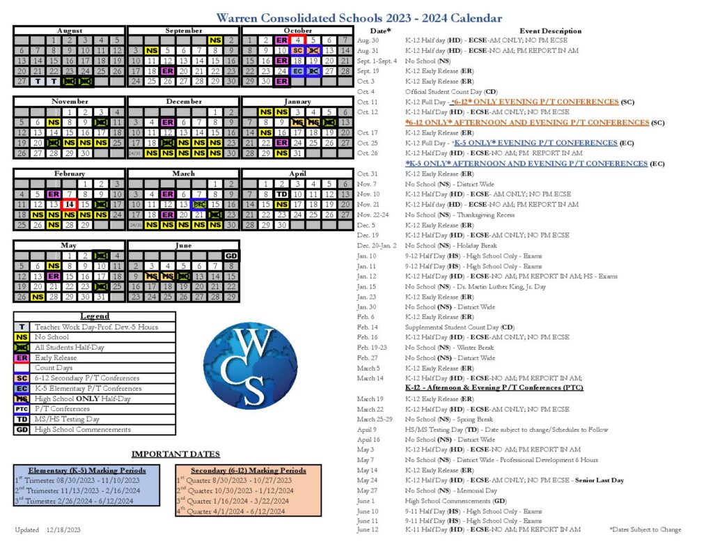 Warren Consolidated Schools Calendar