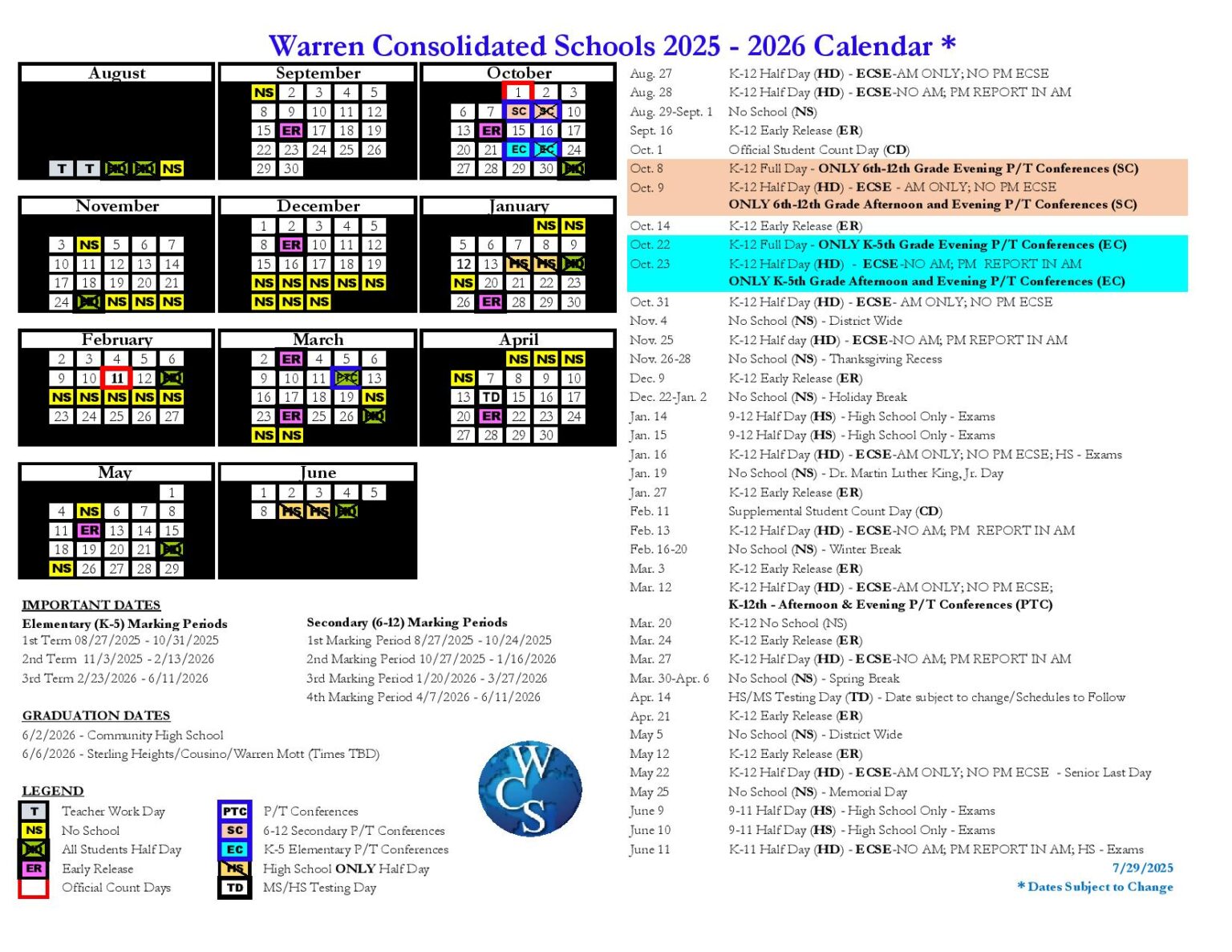 Warren Consolidated Schools Calendar 2025 2026 in PDF
