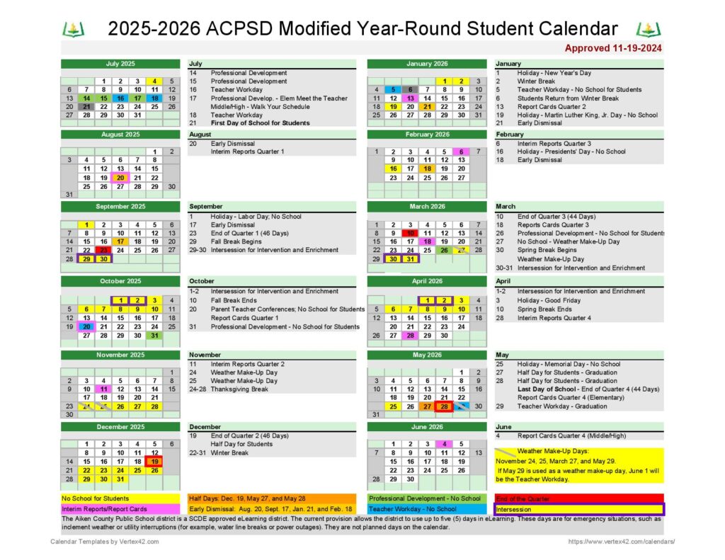 Aiken County Public Schools Calendar 2025-2026