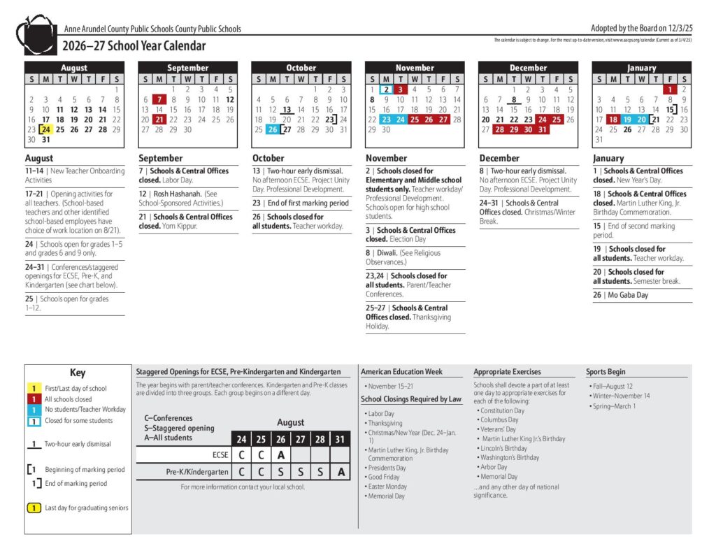 Anne Arundel County Public Schools Calendar 2026-2027