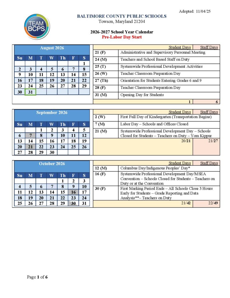 Baltimore County Public Schools Calendar 2026-2027