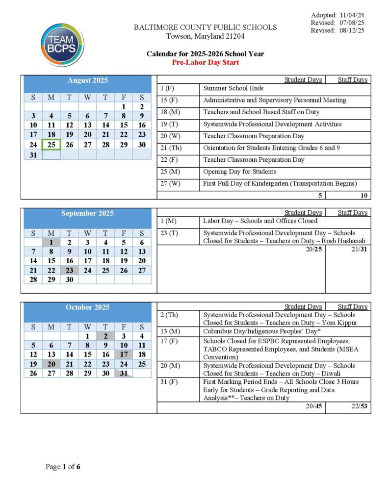Baltimore County Public Schools Calendar 2025-2026