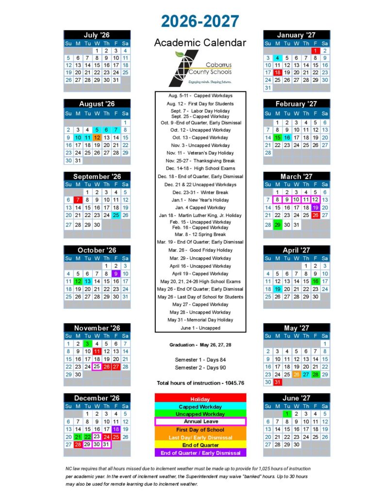 Cabarrus County Schools Calendar 2026-2027