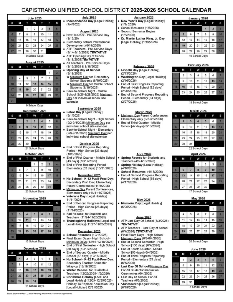 Capistrano Unified School District Calendar 2025-2026