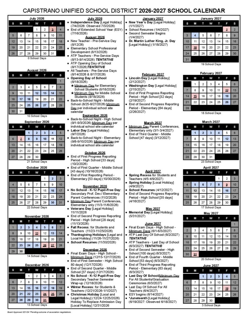 Capistrano Unified School District Calendar 2026-2027