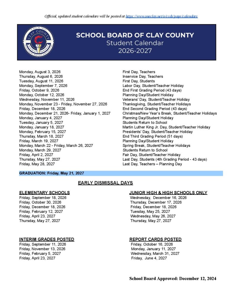 Clay County School District Calendar 2026-2027
