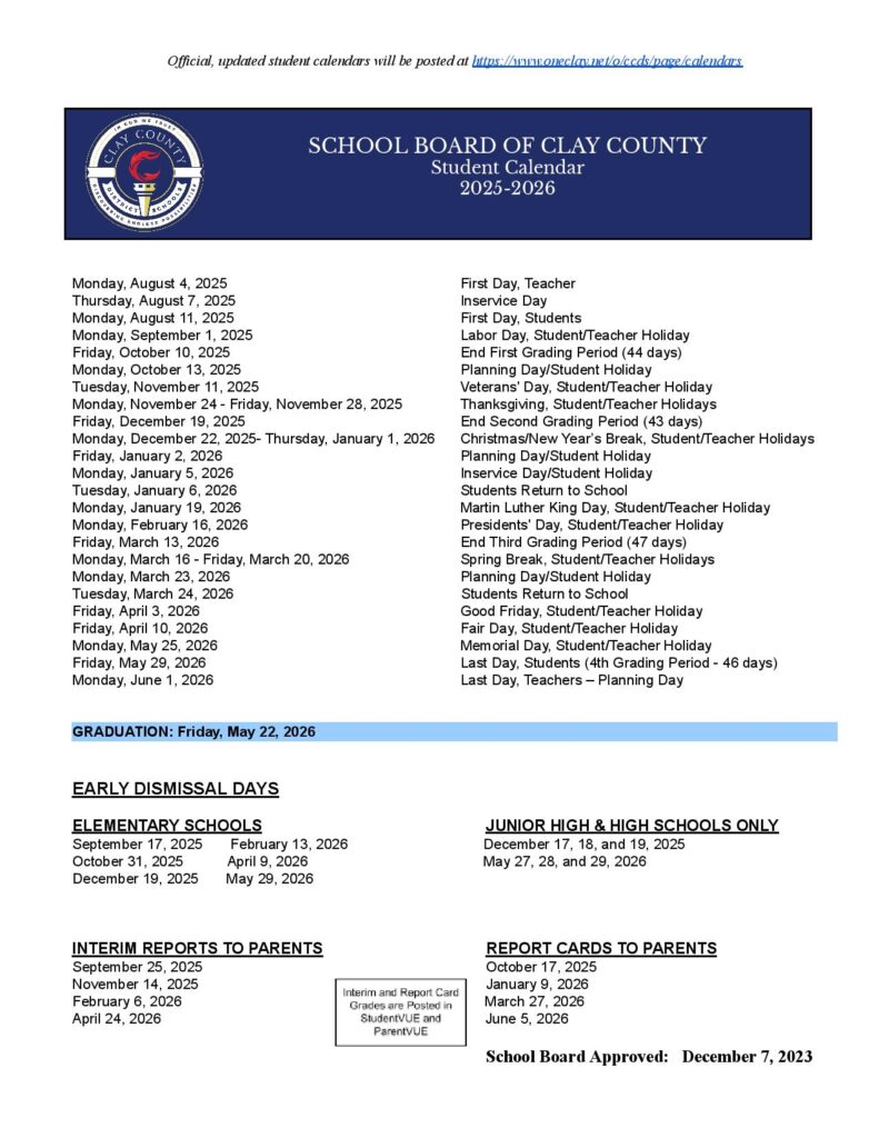 Clay County School District Calendar 2025-2026