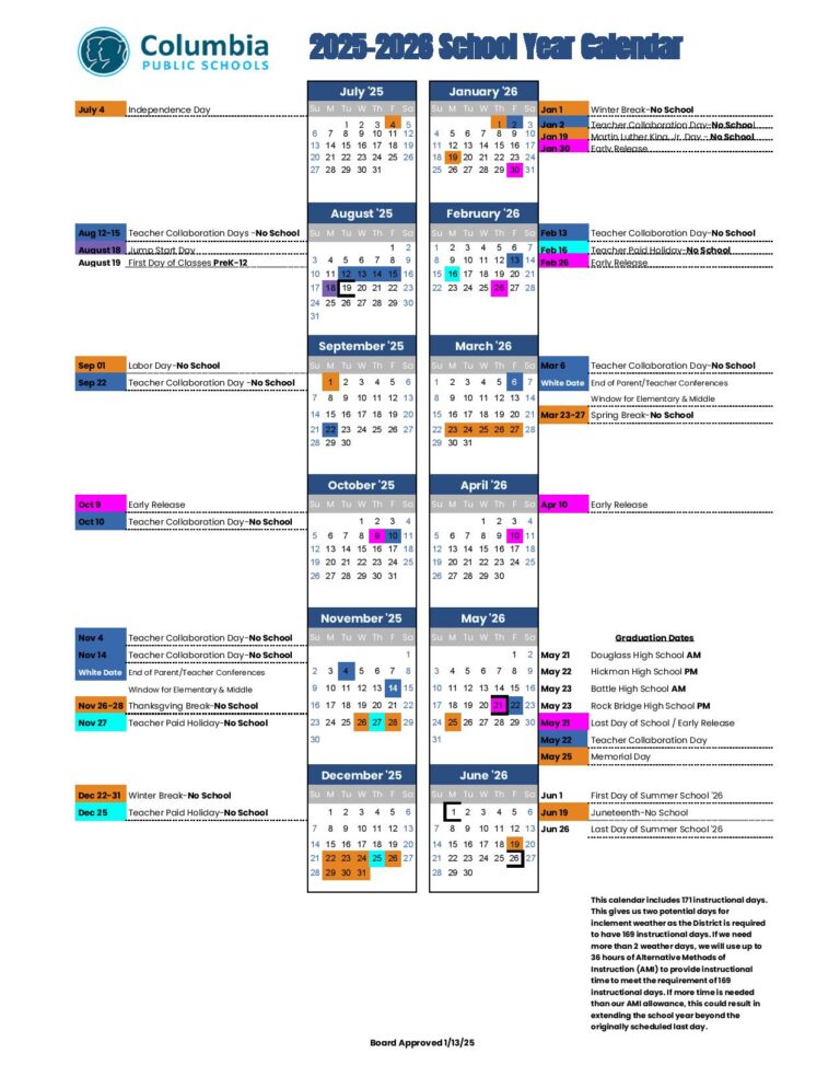 Columbia Public Schools Calendar 20252026 in PDF