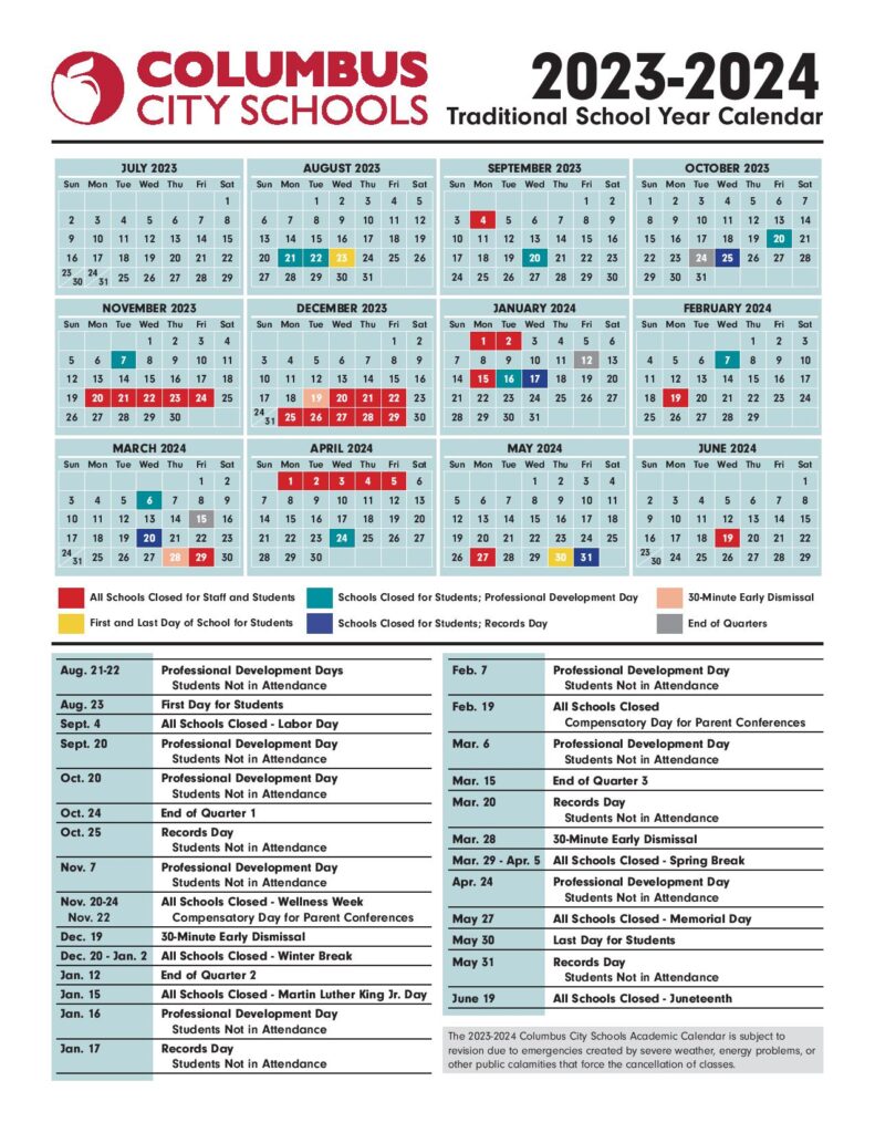 Columbus City Schools Calendar