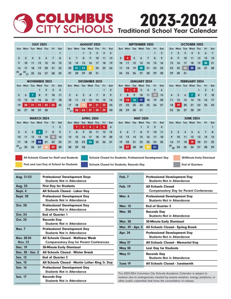 Columbus City Schools Calendar Holidays 2023 2024 PDF
