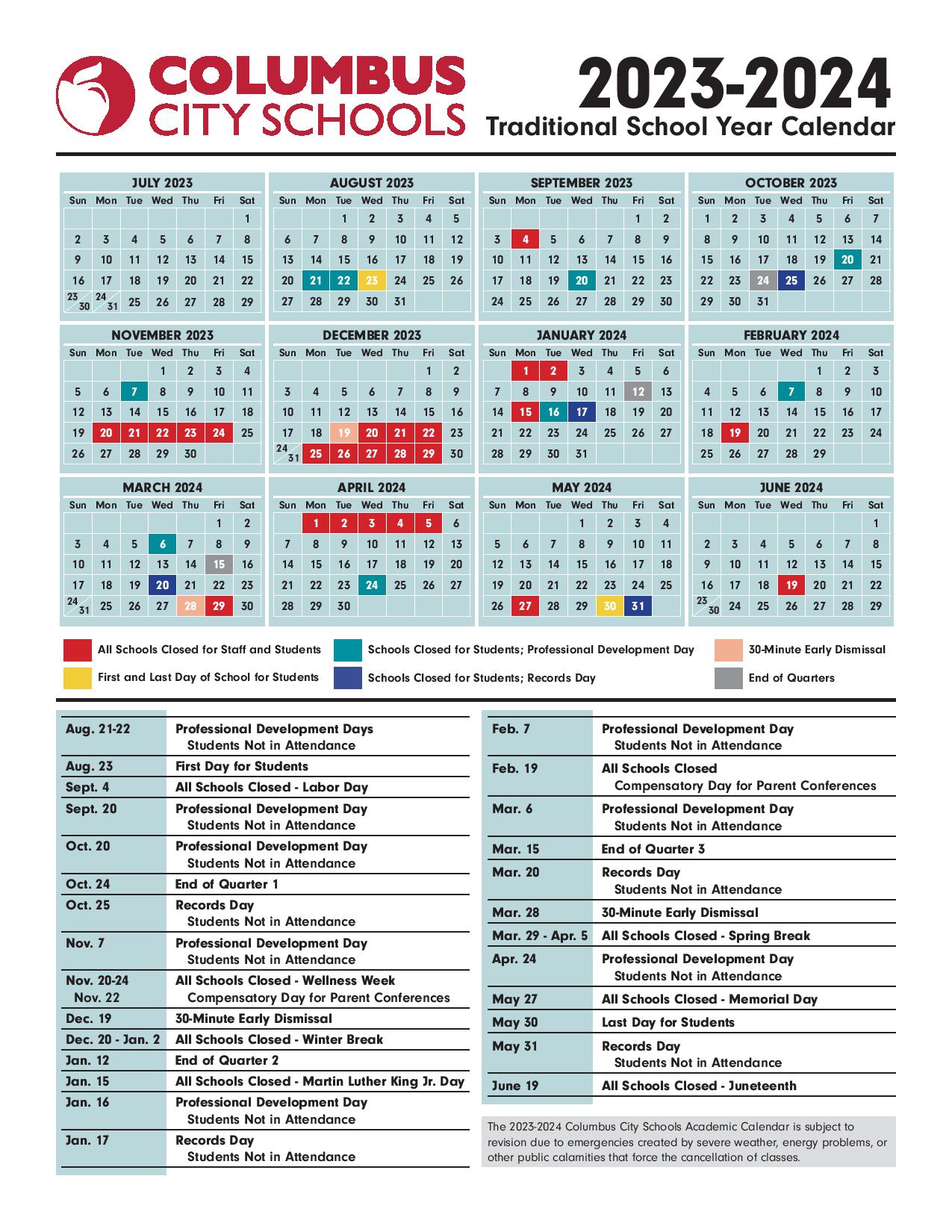 Columbus City Schools Calendar Holidays 20232024 PDF