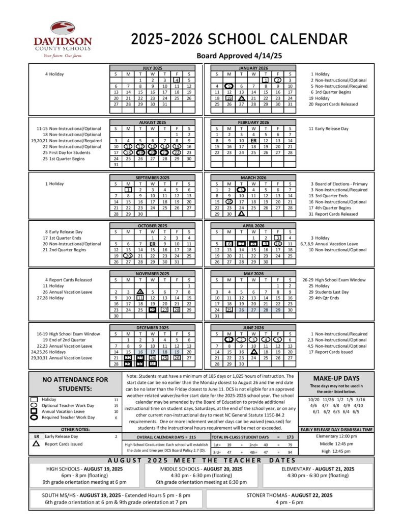 Davidson County Schools Calendar 2025-2026