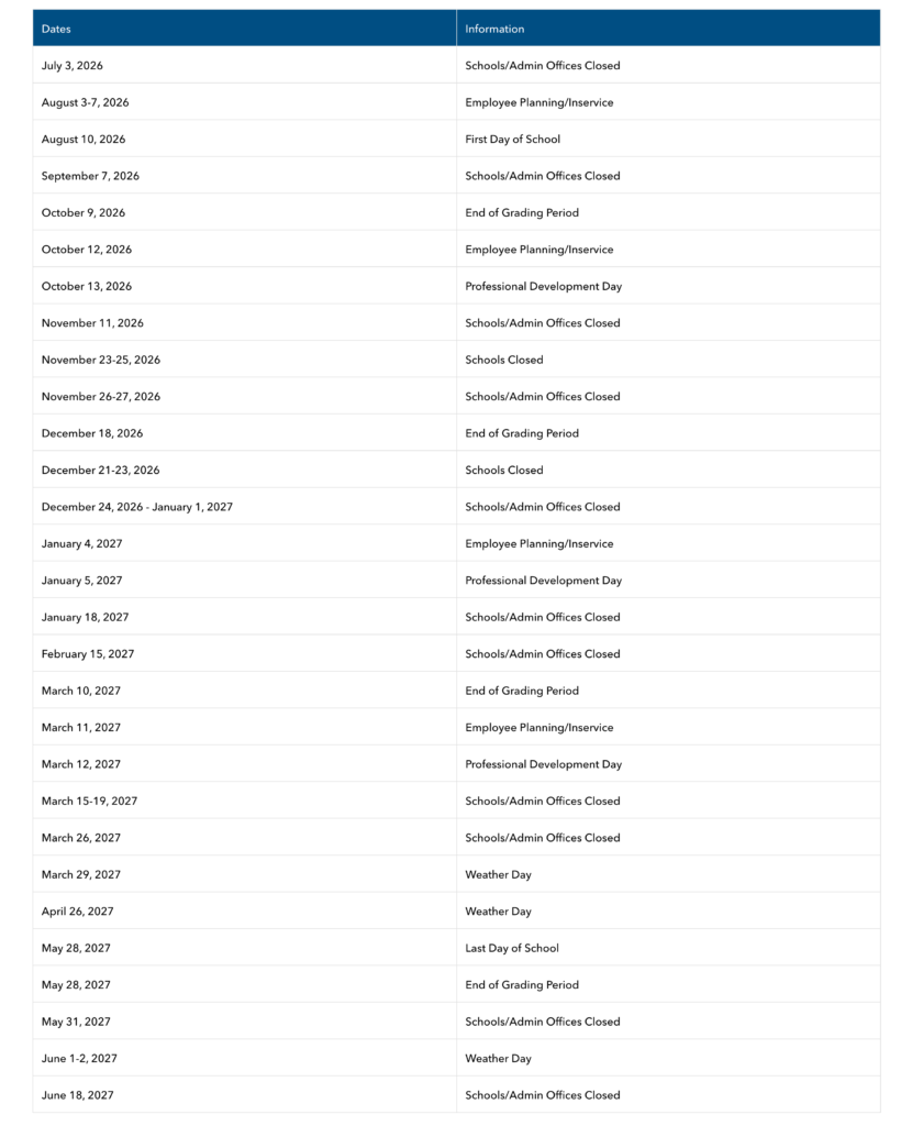 Duval County Public Schools Calendar 2026-2027