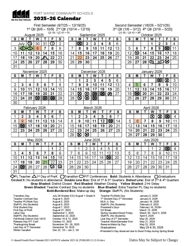 Fort Wayne Community Schools Calendar 2025-2026