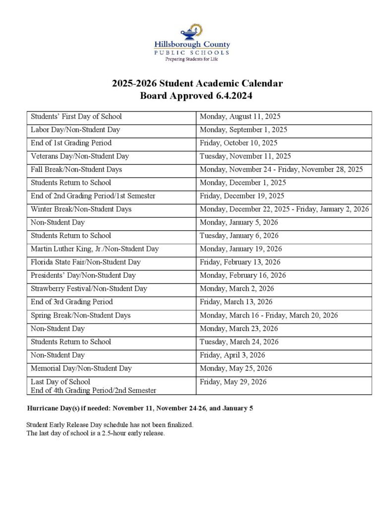 Hillsborough County Public Schools Calendar 2025-2026