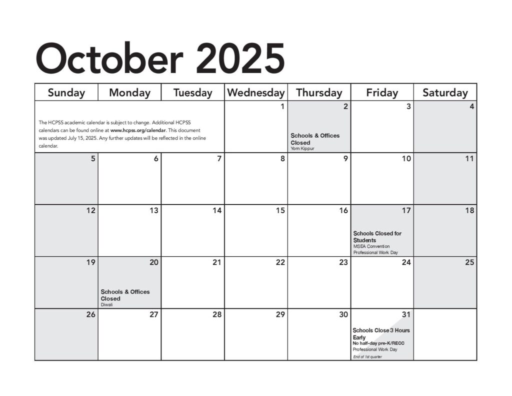 Howard County Public Schools Calendar 2025-2026