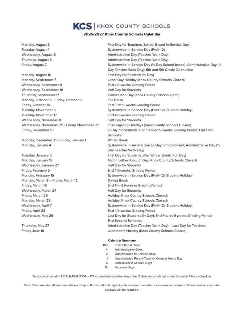 Knox County Schools Calendar 2026-2027