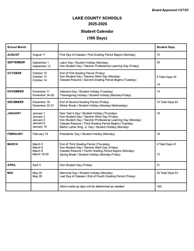 Lake County Schools Calendar 2025-2026