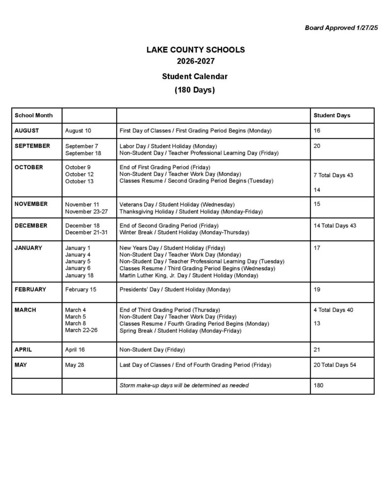 Lake County Schools Calendar 2026-2027