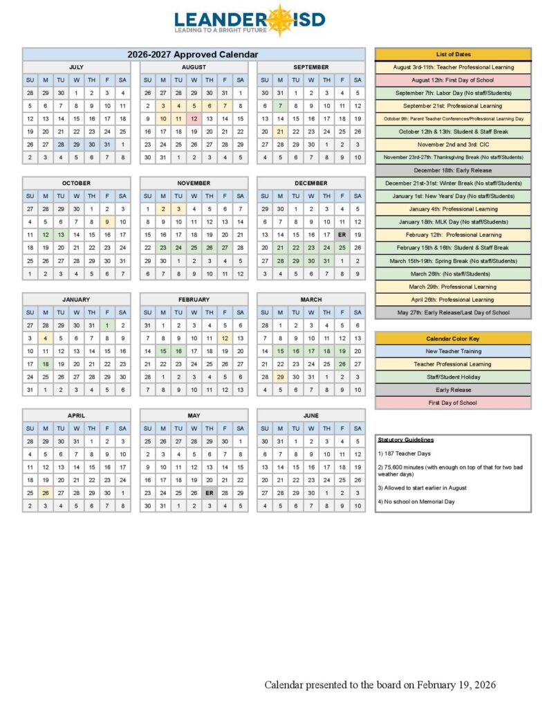 Leander Independent School District Calendar 2026-2027