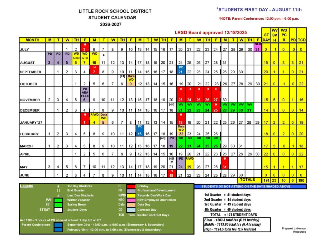 Little Rock School District Calendar 2026-2027