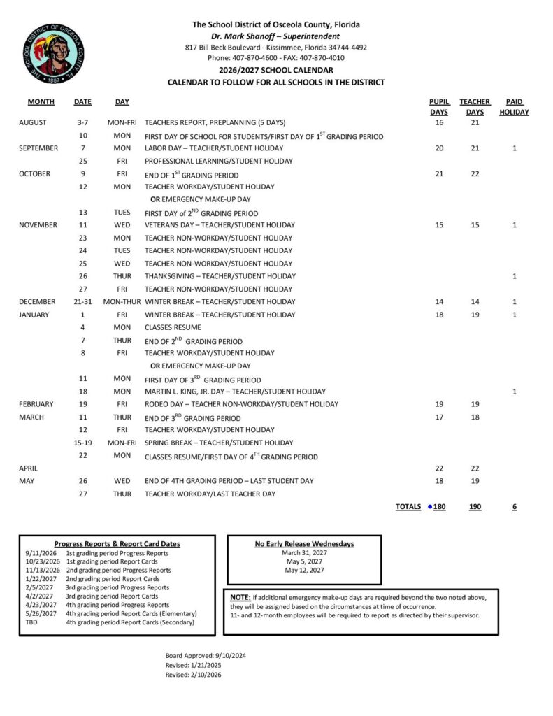 Osceola County School District Calendar 2026-2027