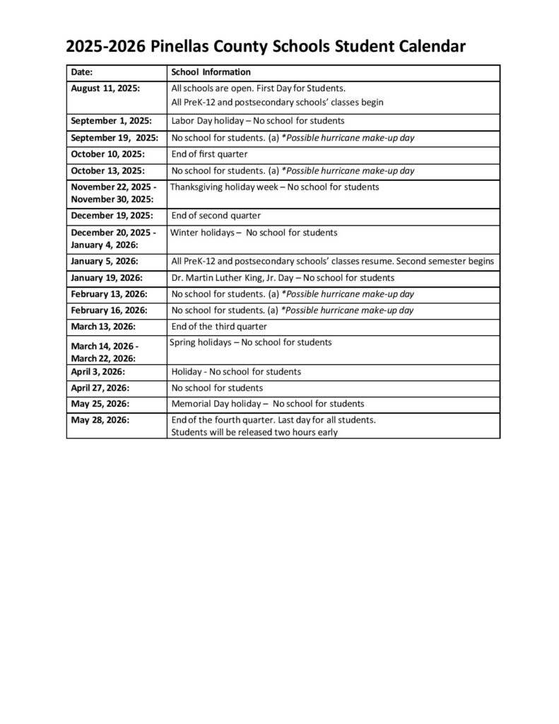 Pinellas County Schools Calendar 2025-2026