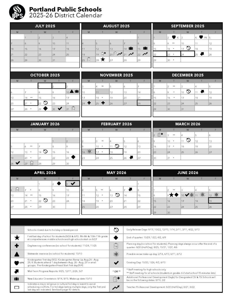 Portland Public Schools Calendar 2025-2026