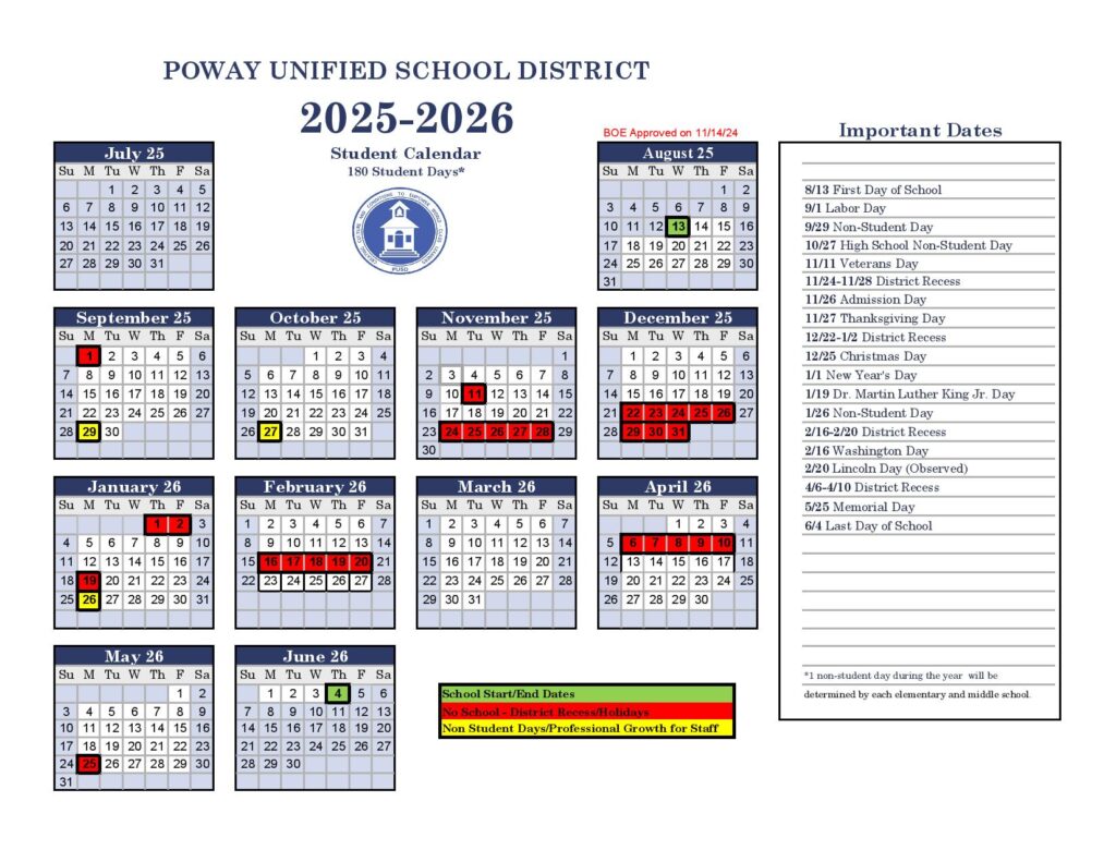 Poway Unified School District Calendar 2025-2026