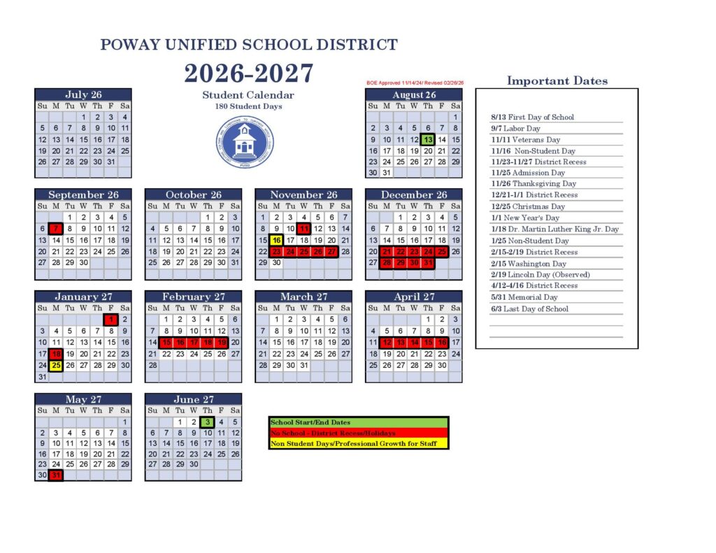 Poway Unified School District Calendar 2026-2027
