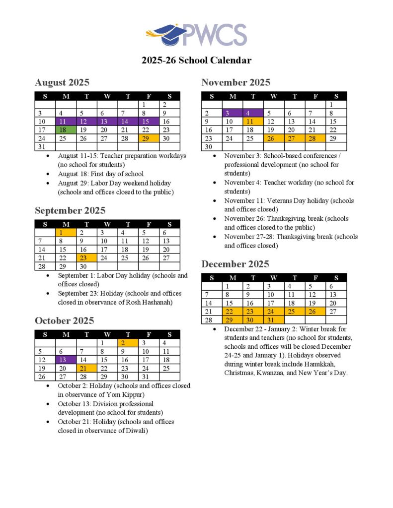 Prince William County Public Schools Calendar 2025-2026