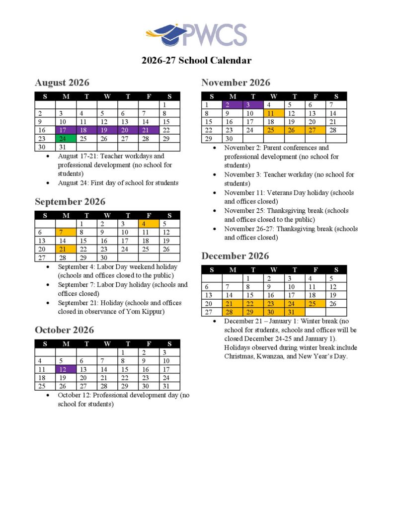 Prince William County Public Schools Calendar 2026-2027