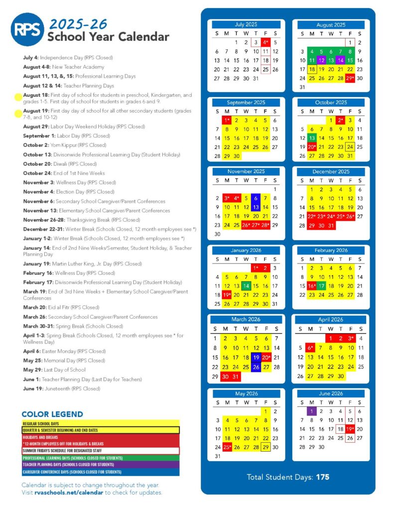 Richmond City Public Schools Calendar 2025-2026