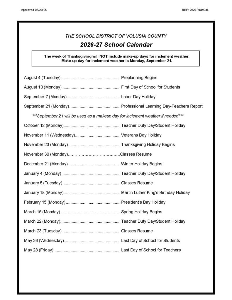 Volusia County Schools Calendar 2026-2027