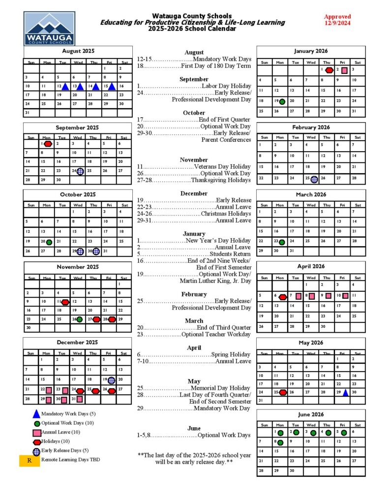 Watauga County Schools Calendar 2025-2026